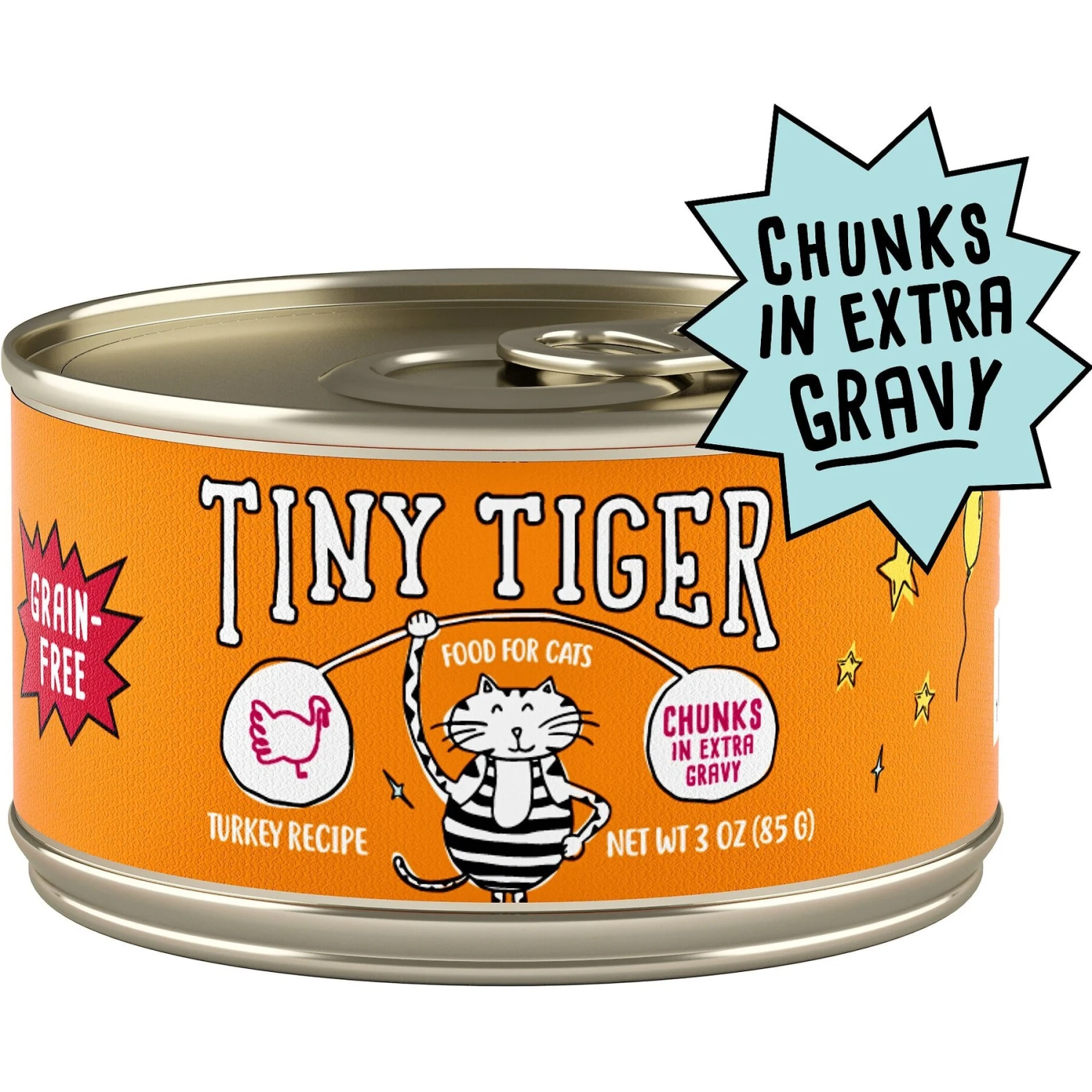 Tiny Tiger Chunks In EXTRA Gravy Turkey Recipe Grain-Free Canned Cat Food 3 Tiny Tiger Chunks In EXTRA Gravy Turkey Recipe Grain-Free Canned Cat Food