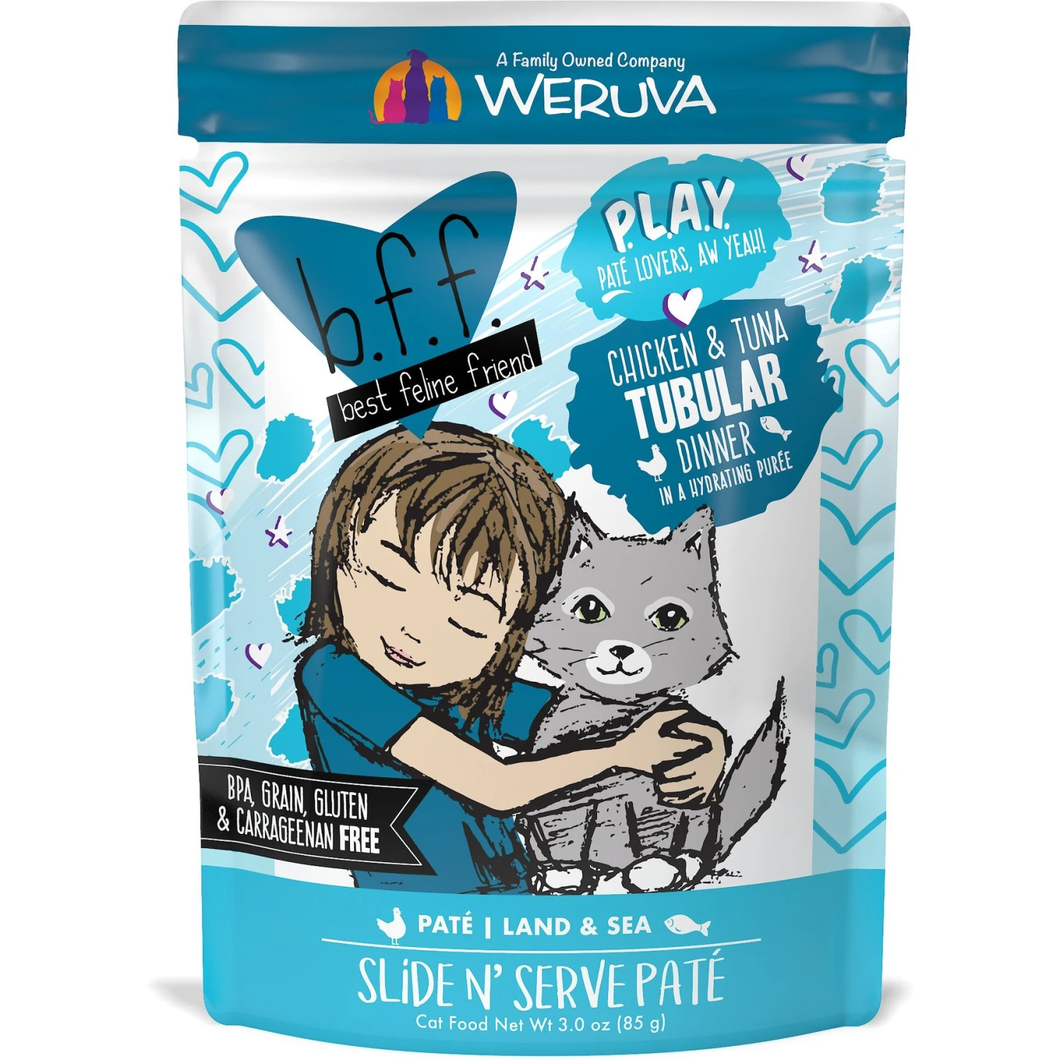 BFF Play Pate Lovers Chicken & Tuna Tubular Wet Cat Food, 3-oz Pouch, Pack Of 12 3 BFF Play Pate Lovers Chicken & Tuna Tubular Wet Cat Food, 3-oz Pouch, Pack Of 12