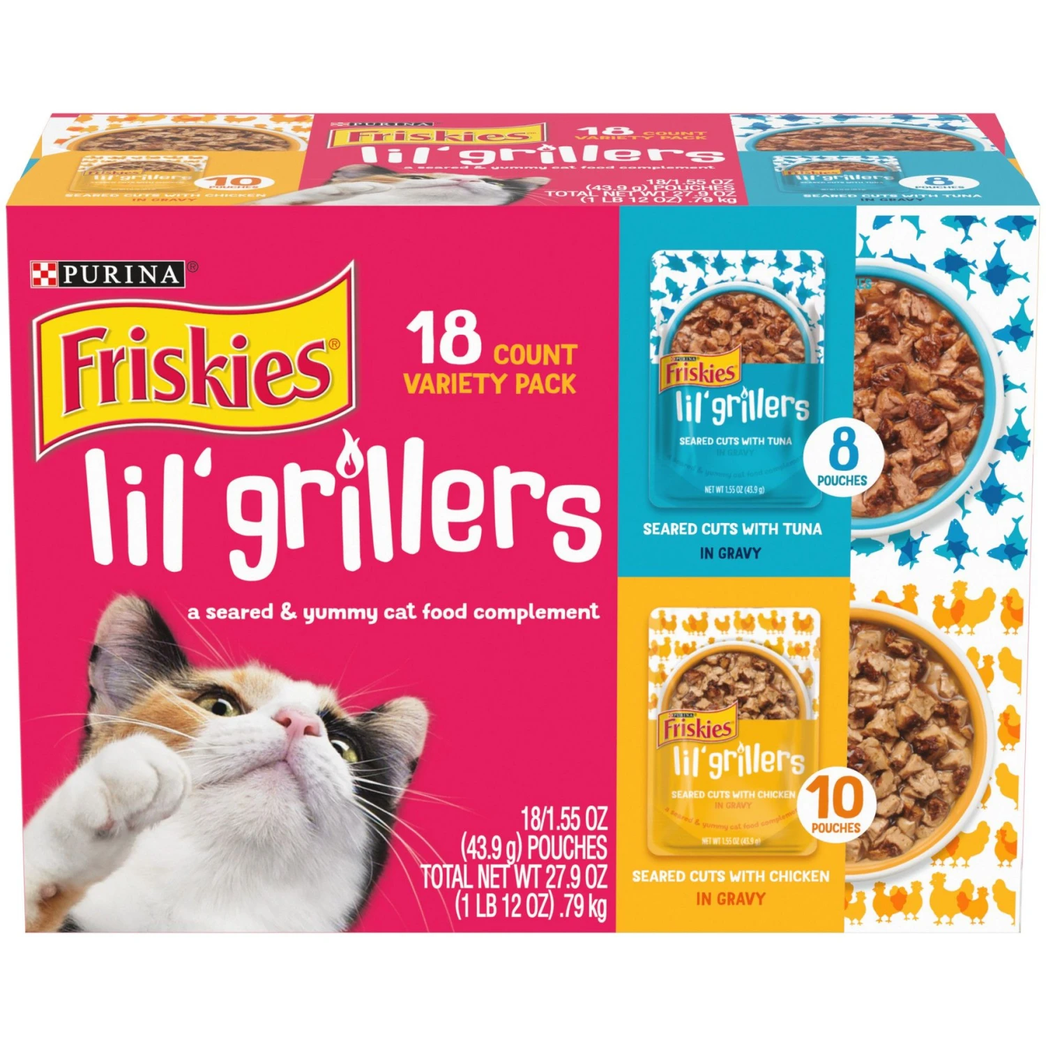 Friskies Lil' Grillers Seared Cuts With Chicken & Tuna In Gravy Variety Pack Wet Cat Food, 1.55-oz Pouch, Case Of 18 3 Friskies Lil' Grillers Seared Cuts With Chicken & Tuna In Gravy Variety Pack Wet Cat Food, 1.55-oz Pouch, Case Of 18