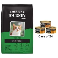 American Journey Duck Recipe Grain-Free Dry Cat Food & American Journey Minced Poultry & Seafood In Gravy Variety Pack Grain-Free Canned Cat Food