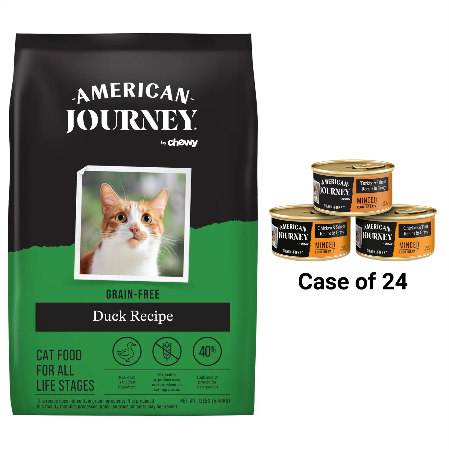 American Journey Duck Recipe Grain-Free Dry Cat Food & American Journey Minced Poultry & Seafood In Gravy Variety Pack Grain-Free Canned Cat Food 3 American Journey Duck Recipe Grain-Free Dry Cat Food & American Journey Minced Poultry & Seafood In Gravy Variety Pack Grain-Free Canned Cat Food