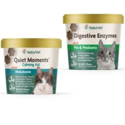 NaturVet Quiet Moments Soft Chews Calming Supplement For Cats & NaturVet Digestive Enzymes Plus Probiotic Soft Chews Digestive Supplement For Cats