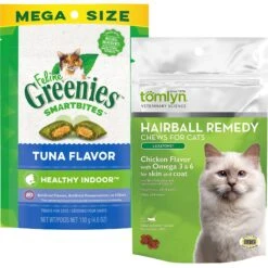 Tomlyn Laxatone Chicken Flavored Soft Chews Hairball Control Supplement For Cats & Greenies Feline SmartBites Healthy Indoor Natural Tuna Flavor Soft & Crunchy Adult Cat Treats