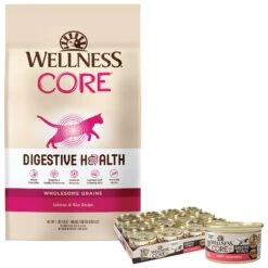 Wellness CORE Digestive Health Salmon Pate Recipe Grain-Free Wet Cat Food, 3-oz, Case Of 12 & Wellness CORE Digestive Health Wholesome Grains Salmon & Rice Recipe Dry Cat Food