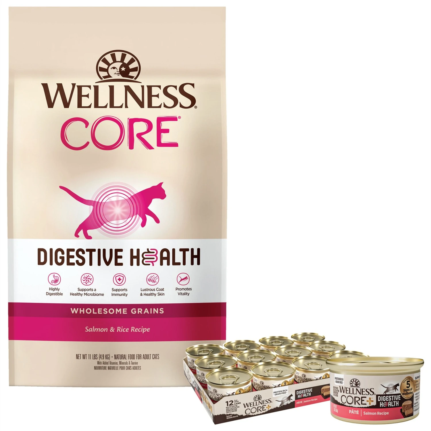 Wellness CORE Digestive Health Salmon Pate Recipe Grain-Free Wet Cat Food, 3-oz, Case Of 12 & Wellness CORE Digestive Health Wholesome Grains Salmon & Rice Recipe Dry Cat Food 3 Wellness CORE Digestive Health Salmon Pate Recipe Grain-Free Wet Cat Food, 3-oz, Case Of 12 & Wellness CORE Digestive Health Wholesome Grains Salmon & Rice Recipe Dry Cat Food