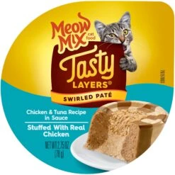 Meow Mix Tasty Layers Chicken & Tuna Recipe Stuffed With Real Chicken Swirled Paté Cat Food, 2.75-oz Can, Case Of 12
