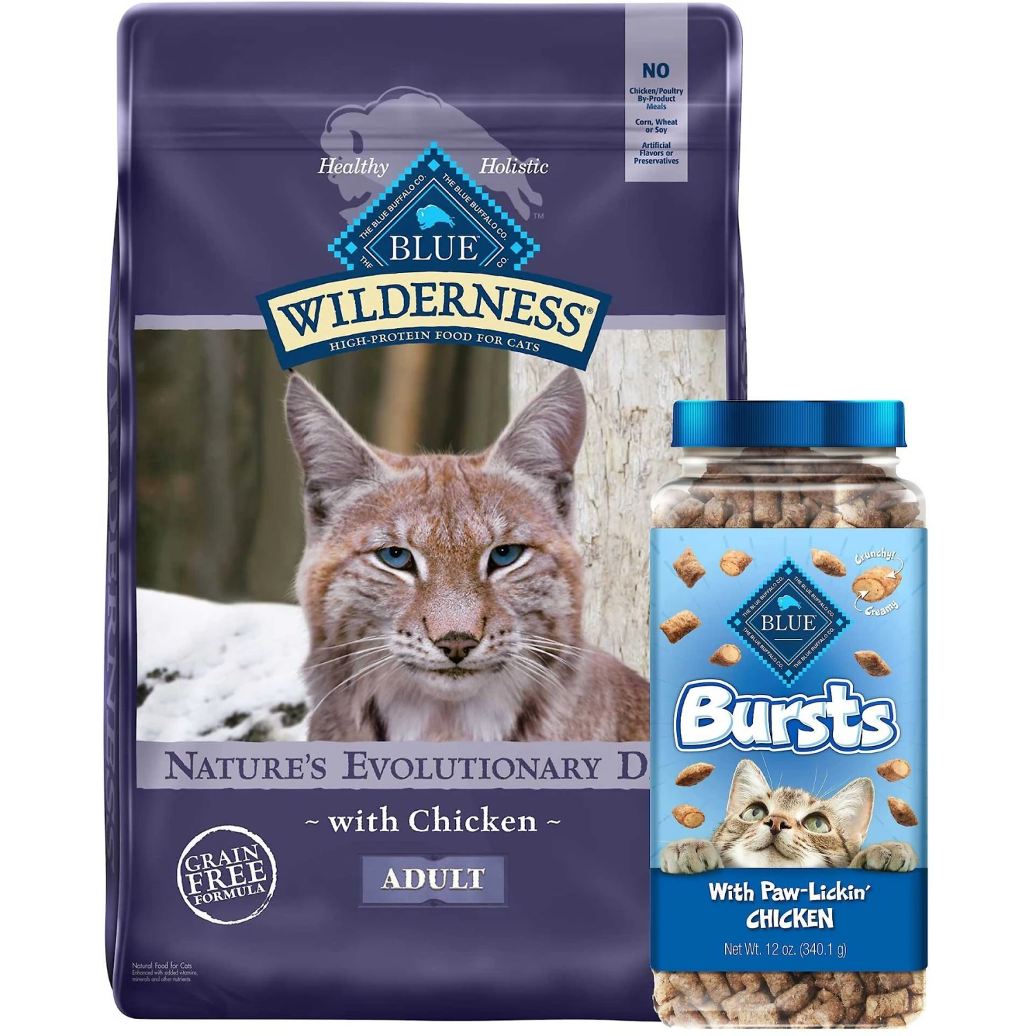 Blue Buffalo Wilderness Chicken Recipe Grain-Free Dry Cat Food & Blue Buffalo Bursts With Paw-Licken Chicken Cat Treats 3 Blue Buffalo Wilderness Chicken Recipe Grain-Free Dry Cat Food & Blue Buffalo Bursts With Paw-Licken Chicken Cat Treats