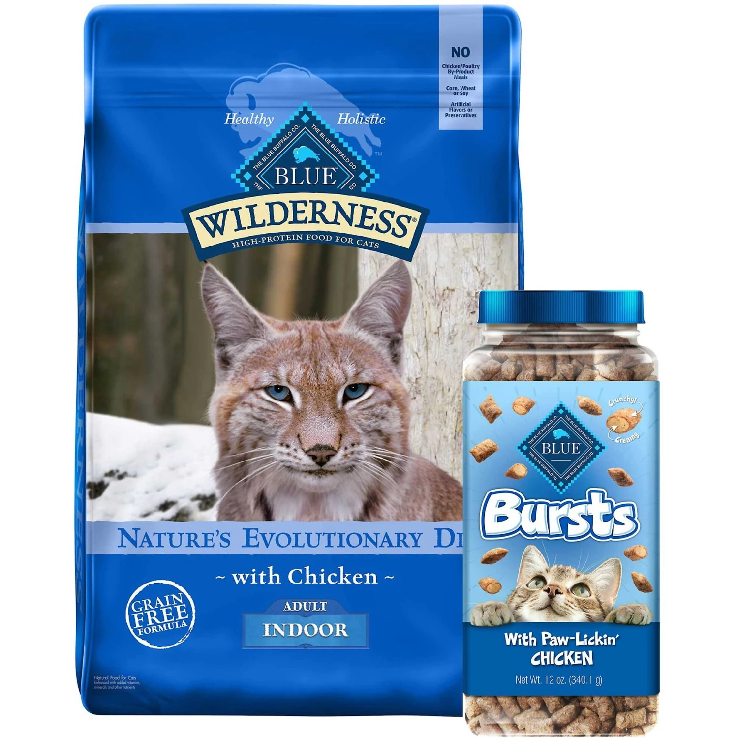 Blue Buffalo Wilderness Indoor Chicken Recipe Grain-Free Dry Cat Food & Blue Buffalo Bursts With Paw-Licken Chicken Cat Treats 3 Blue Buffalo Wilderness Indoor Chicken Recipe Grain-Free Dry Cat Food & Blue Buffalo Bursts With Paw-Licken Chicken Cat Treats