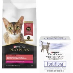 Purina Pro Plan Adult Sensitive Skin & Stomach Lamb & Rice Formula Dry Cat Food & Purina Pro Plan Veterinary Diets FortiFlora Powder Digestive Supplement For Cats
