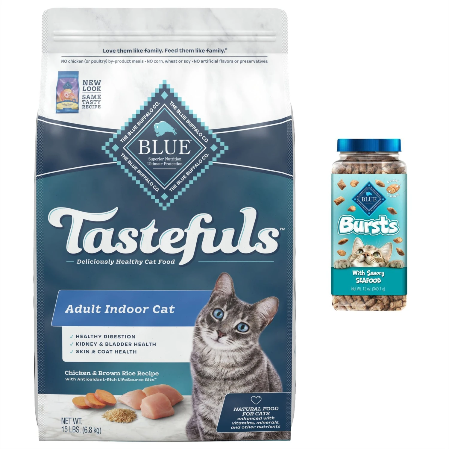 Blue Buffalo Tastefuls Chicken Indoor Natural Adult Dry Cat Food & Blue Buffalo Bursts With Savory Seafood Cat Treats 3 Blue Buffalo Tastefuls Chicken Indoor Natural Adult Dry Cat Food & Blue Buffalo Bursts With Savory Seafood Cat Treats
