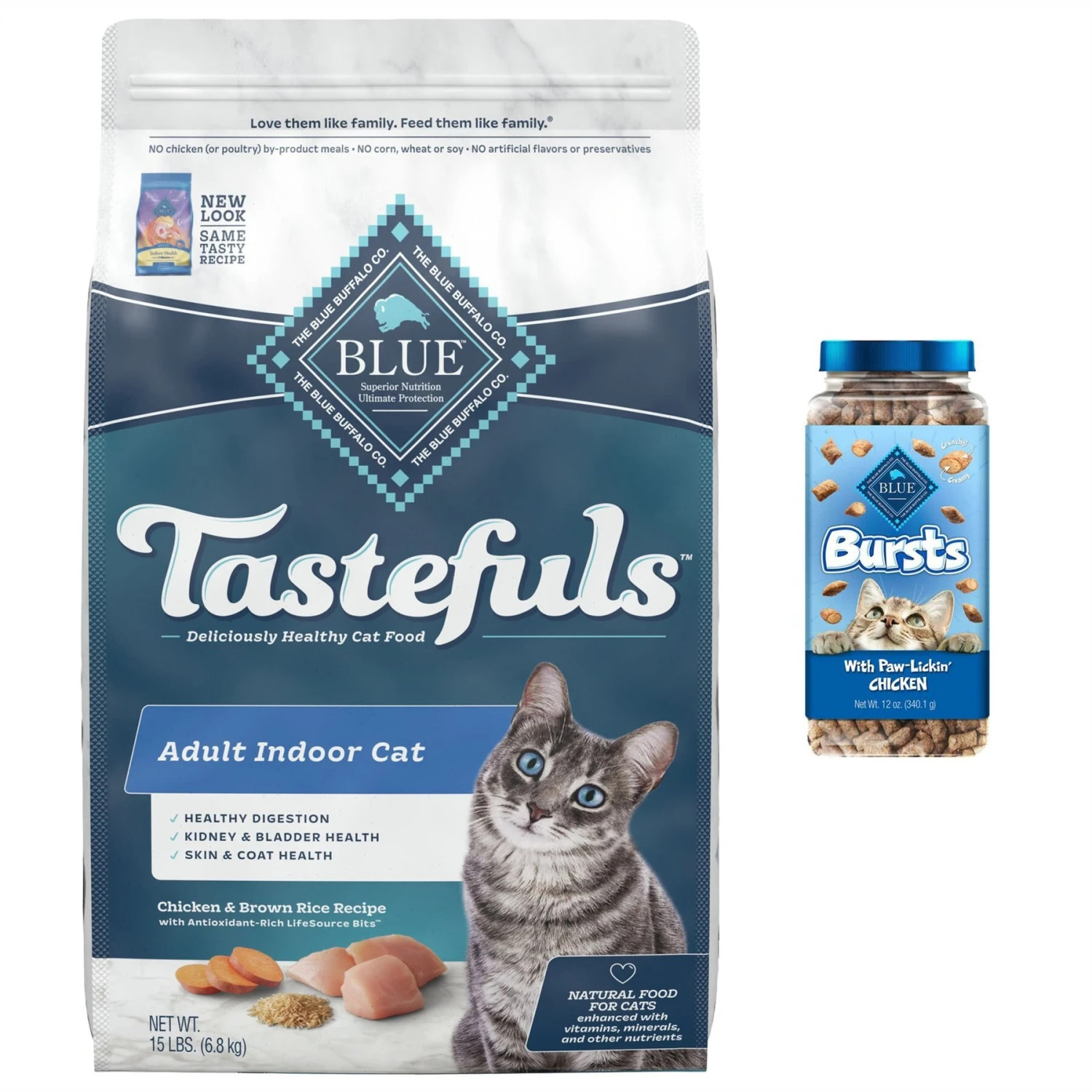 Blue Buffalo Tastefuls Chicken Indoor Natural Adult Dry Cat Food & Blue Buffalo Bursts With Paw-Licken Chicken Cat Treats 3 Blue Buffalo Tastefuls Chicken Indoor Natural Adult Dry Cat Food & Blue Buffalo Bursts With Paw-Licken Chicken Cat Treats
