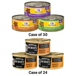 American Journey Minced Poultry & Seafood In Gravy Variety Pack Grain-Free Canned Cat Food & Wellness Complete Health Minced Poultry Pleasers Variety Pack Grain-Free Canned Cat Food