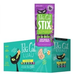 Tiki Cat Stix Duck In Creamy Gravy Grain-Free Wet Cat Treat, 3-oz Pouch, Pack Of 6 & Tiki Cat Luau Variety Pack Grain-Free Canned Cat Food
