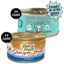Tiny Tiger Chunks In EXTRA Gravy Seafood Recipe Grain-Free Canned Cat Food & Fancy Feast Gravy Lovers Ocean Whitefish & Tuna Feast In Sauteed Seafood Flavor Gravy Canned Cat Food