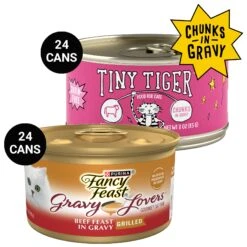 Tiny Tiger Chunks In Gravy Beef Recipe Grain-Free Canned Cat Food & Fancy Feast Gravy Lovers Beef Feast Gravy Canned Cat Food