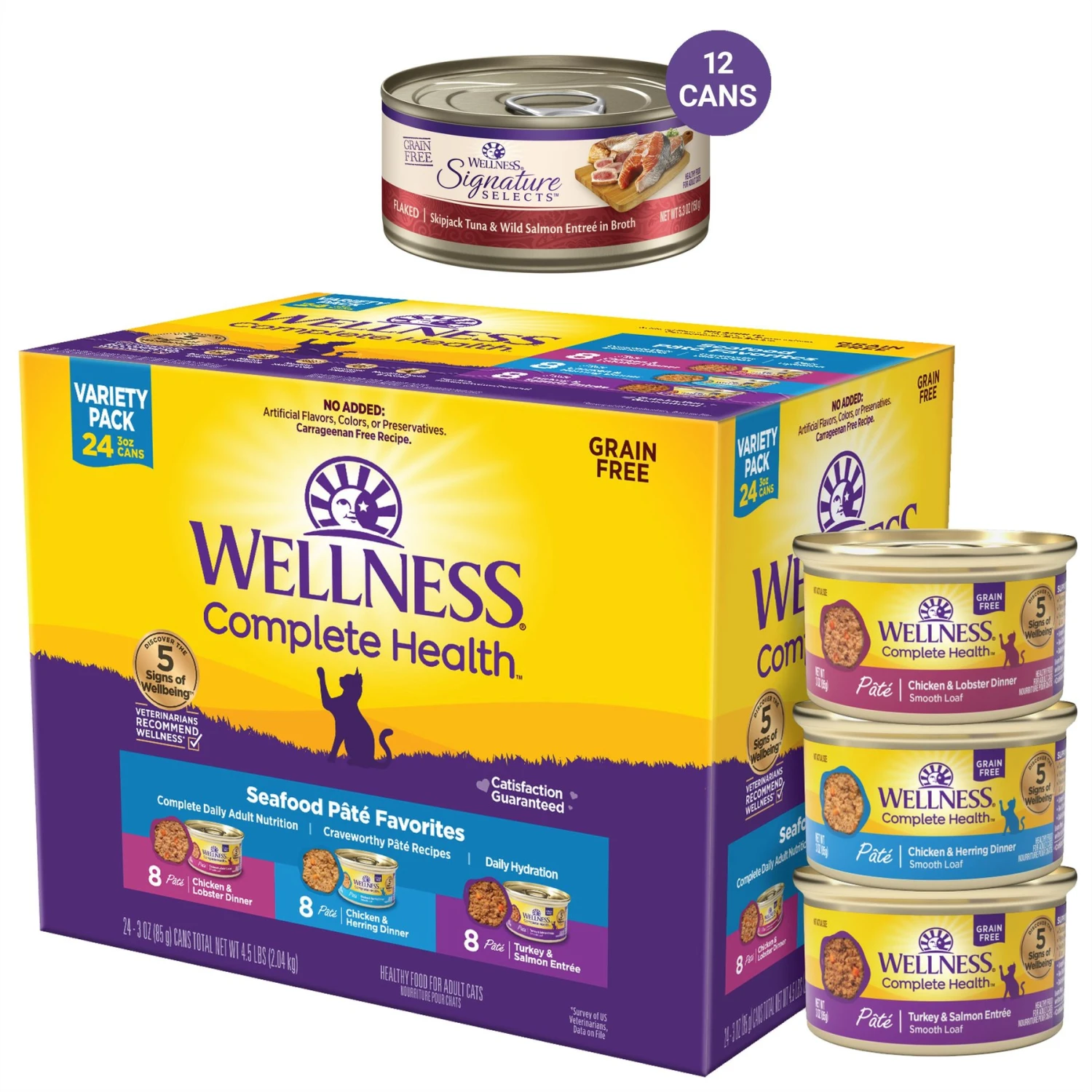 Wellness Seafood Pate Favorites Canned Cat Food, 3-oz, Case Of 24 & Wellness CORE Signature Selects Flaked Skipjack Tuna & Wild Salmon Entree In Broth Grain-Free Canned Cat Food 3 Wellness Seafood Pate Favorites Canned Cat Food, 3-oz, Case Of 24 & Wellness CORE Signature Selects Flaked Skipjack Tuna & Wild Salmon Entree In Broth Grain-Free Canned Cat Food