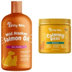 Zesty Paws Calming Bites Bacon Flavored Soft Chews Supplement For Cats & Zesty Paws Wild Alaskan Salmon Oil Liquid Skin & Coat Supplement For Dogs & Cats