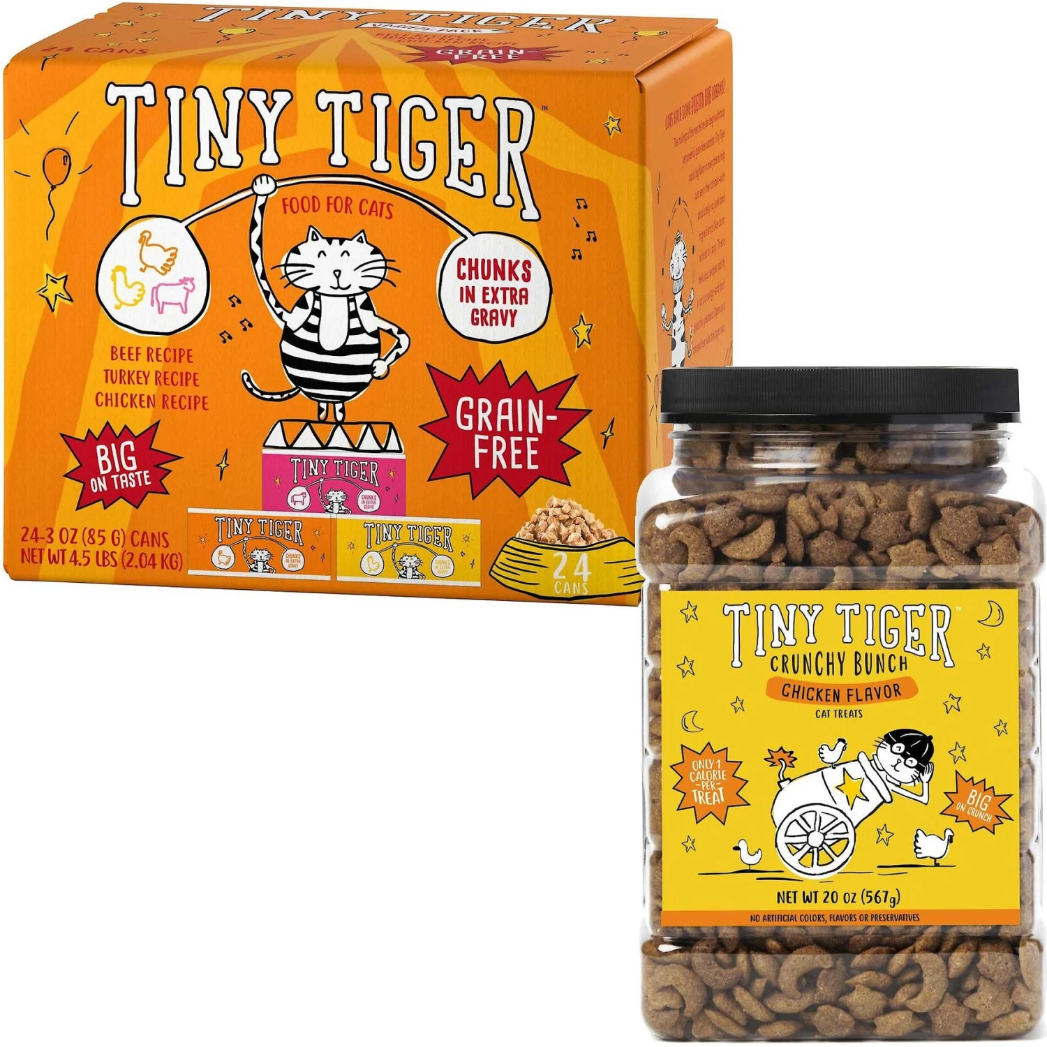 Tiny Tiger Chunks In EXTRA Gravy Beef & Poultry Recipes Variety Pack Grain-Free Canned Cat Food & Tiny Tiger Crunchy Bunch, Chicken Cannonball, Chicken Flavor Cat Treats 3 Tiny Tiger Chunks In EXTRA Gravy Beef & Poultry Recipes Variety Pack Grain-Free Canned Cat Food & Tiny Tiger Crunchy Bunch, Chicken Cannonball, Chicken Flavor Cat Treats