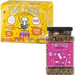 Tiny Tiger Pate Beef & Poultry Recipes Variety Pack Grain-Free Canned Cat Food & Tiny Tiger Crunchy Bunch, Fearless Feathers & Gracious Gills, Chicken & Seafood Flavor Cat Treats