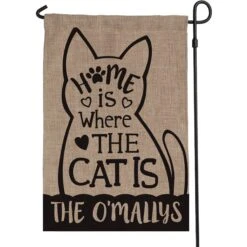 Custom Personalization Solutions Home Is Where The Cat Is Personalized Burlap Flag