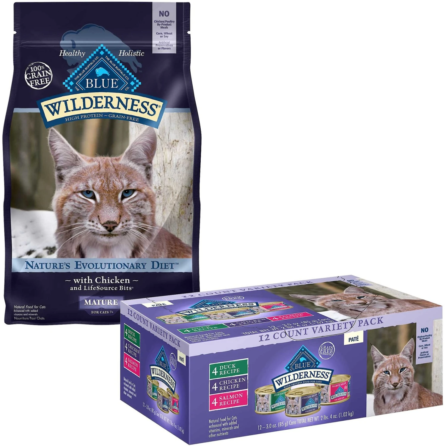 Blue Buffalo Wilderness High Protein Natural Grain-Free Chicken Mature Dry Cat Food & Blue Buffalo Wilderness Pate Variety Pack Duck, Chicken & Salmon Grain-Free Cat Canned Food 3 Blue Buffalo Wilderness High Protein Natural Grain-Free Chicken Mature Dry Cat Food & Blue Buffalo Wilderness Pate Variety Pack Duck, Chicken & Salmon Grain-Free Cat Canned Food
