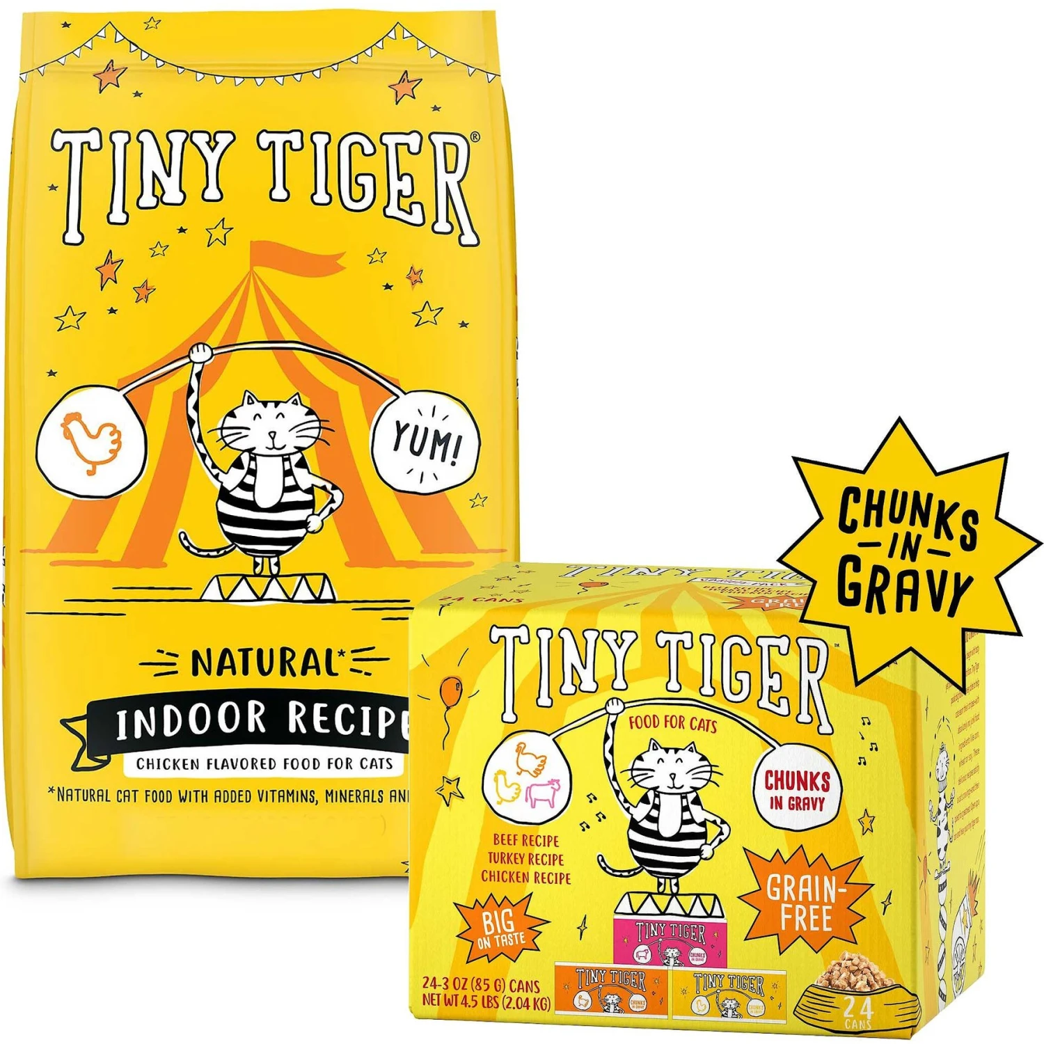 Tiny Tiger, Natural Indoor Recipe Chicken Flavor Dry Cat Food & Tiny Tiger Chunks In Gravy Beef & Poultry Recipes Variety Pack Grain-Free Canned Cat Food 3 Tiny Tiger, Natural Indoor Recipe Chicken Flavor Dry Cat Food & Tiny Tiger Chunks In Gravy Beef & Poultry Recipes Variety Pack Grain-Free Canned Cat Food