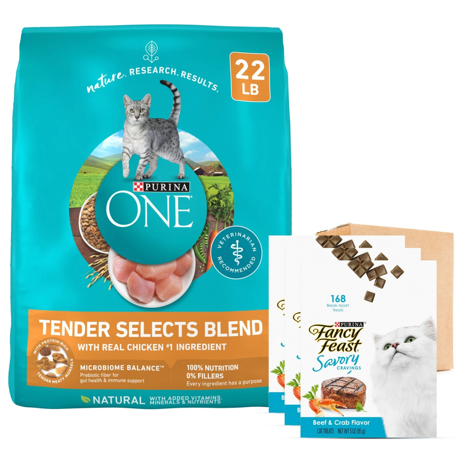 Purina ONE Tender Selects Blend With Real Chicken Dry Cat Food & Fancy Feast Savory Cravings Beef & Crab Flavor Limited Ingredient Soft Cat Treats 3 Purina ONE Tender Selects Blend With Real Chicken Dry Cat Food & Fancy Feast Savory Cravings Beef & Crab Flavor Limited Ingredient Soft Cat Treats