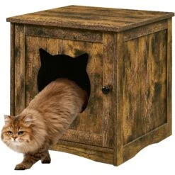 Sweet Barks Enclosed House Side Table Cat Litter Box, Rustic Brown