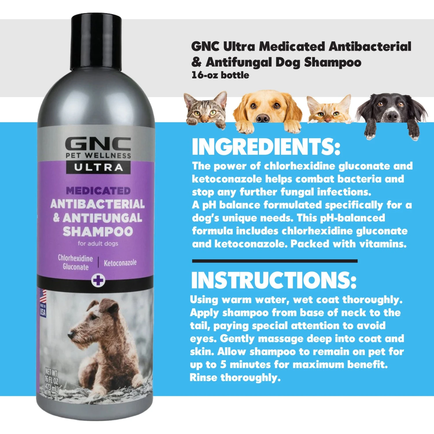 GNC Pets Ultra Medicated Antibacterial & Antifungal Dog Shampoo, 16-oz Bottle 4 GNC Pets Ultra Medicated Antibacterial & Antifungal Dog Shampoo, 16-oz Bottle - Image 2