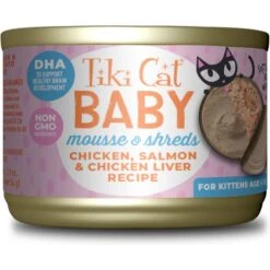 Tiki Cat Baby Grain-Free Chicken, Salmon & Chicken Liver Recipe Shreds & Mousse Wet Cat Food, 1.9-oz Can, Case Of 3