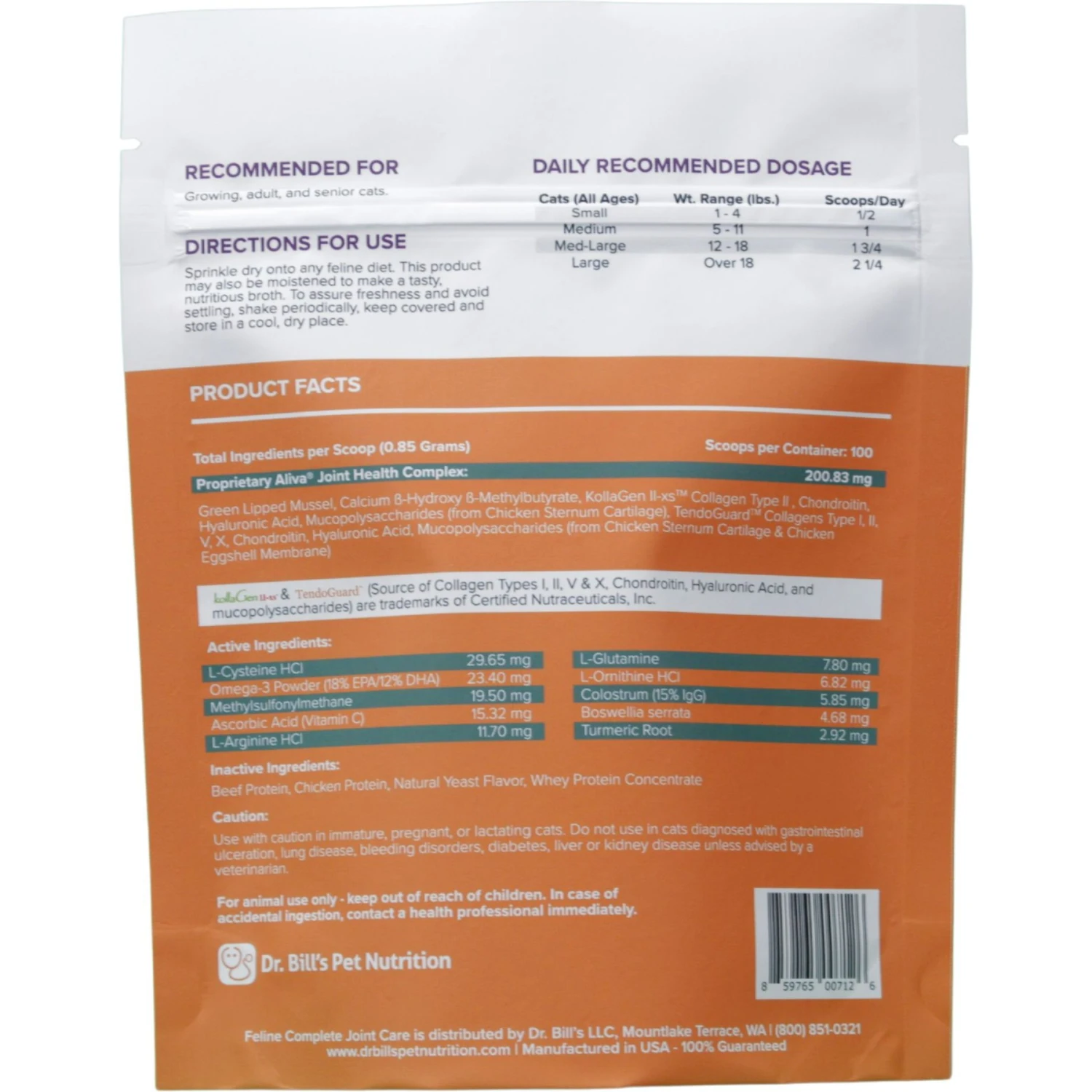 Dr. Bill's Pet Nutrition Feline Complete Joint Care Cat Supplement Powder, 85-gm Pouch 4 Dr. Bill's Pet Nutrition Feline Complete Joint Care Cat Supplement Powder, 85-gm Pouch - Image 2