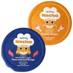 Made By Nacho Sustainably Caught Diced Tuna & Cod Recipe With Bone Broth Grain-Free Wet Cat Food & Made By Nacho Cage Free Minced Chicken Recipe With Bone Broth Wet Cat Food