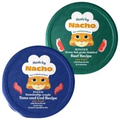 Made By Nacho Sustainably Caught Diced Tuna & Cod Recipe With Bone Broth Grain-Free Wet Cat Food & Made By Nacho Grass Fed, Grain-Finished Minced Beef Recipe With Bone Broth Wet Cat Food