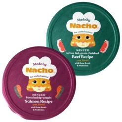 Made By Nacho Sustainably Caught Salmon Recipe Cuts In Gravy With Bone Broth Wet Cat Food & Made By Nacho Grass Fed, Grain-Finished Minced Beef Recipe With Bone Broth Wet Cat Food