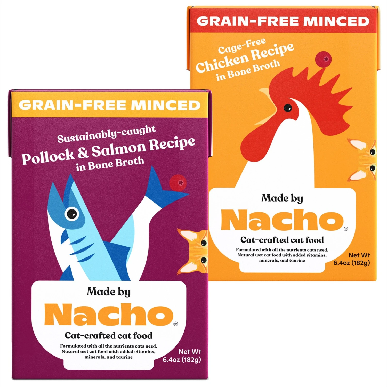 Made By Nacho Sustainably-Caught Pollock & Salmon Recipe In Bone Broth Minced Wet Cat Food & Made By Nacho Cage-Free Chicken Recipe In Bone Broth Minced Wet Cat Food 3 Made By Nacho Sustainably-Caught Pollock & Salmon Recipe In Bone Broth Minced Wet Cat Food & Made By Nacho Cage-Free Chicken Recipe In Bone Broth Minced Wet Cat Food
