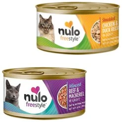 Nulo Freestyle Minced Beef & Mackerel In Gravy Grain-Free Canned Cat Food & Nulo Freestyle Shredded Chicken & Duck In Gravy Grain-Free Canned Cat Food
