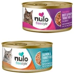 Nulo Freestyle Minced Salmon & Turkey In Gravy Grain-Free Canned Cat & Kitten Food & Nulo Freestyle Shredded Beef & Rainbow Trout In Gravy Grain-Free Canned Cat & Kitten Food
