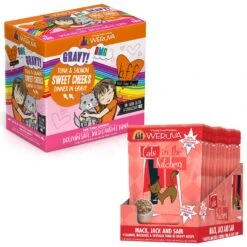 Weruva Cats In The Kitchen Mack, Jack & Sam Salmon, Mackerel & Tuna Recipe Grain-Free Cat Food Pouches & BFF Tuna & Salmon Sweet Cheeks Dinner In Gravy Wet Cat Food Pouches