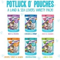 BFF Rainbow A Gogo Variety Pack Wet Cat Food Pouches, 3-oz, Case Of 12 & BFF OMG Potluck O' Pouches Variety Pack Grain-Free Cat Food Pouches -Furry Friends 611646 PT6. AC SS1800 V1661548550