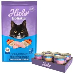 Halo Chicken, Salmon, Turkey Variety Pack Adult Grain-Free Pate Wet Cat Food & Halo Holistic Wild-Caught Whitefish Recipe Sensitive Stomach Support Adult Dry Cat Food