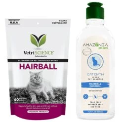 VetriScience Hairball Chicken Liver Flavored Soft Chews Hairball Control Supplement For Cats & Amazonia Bath Hairball Control Cat Shampoo, 16.9-oz Bottle
