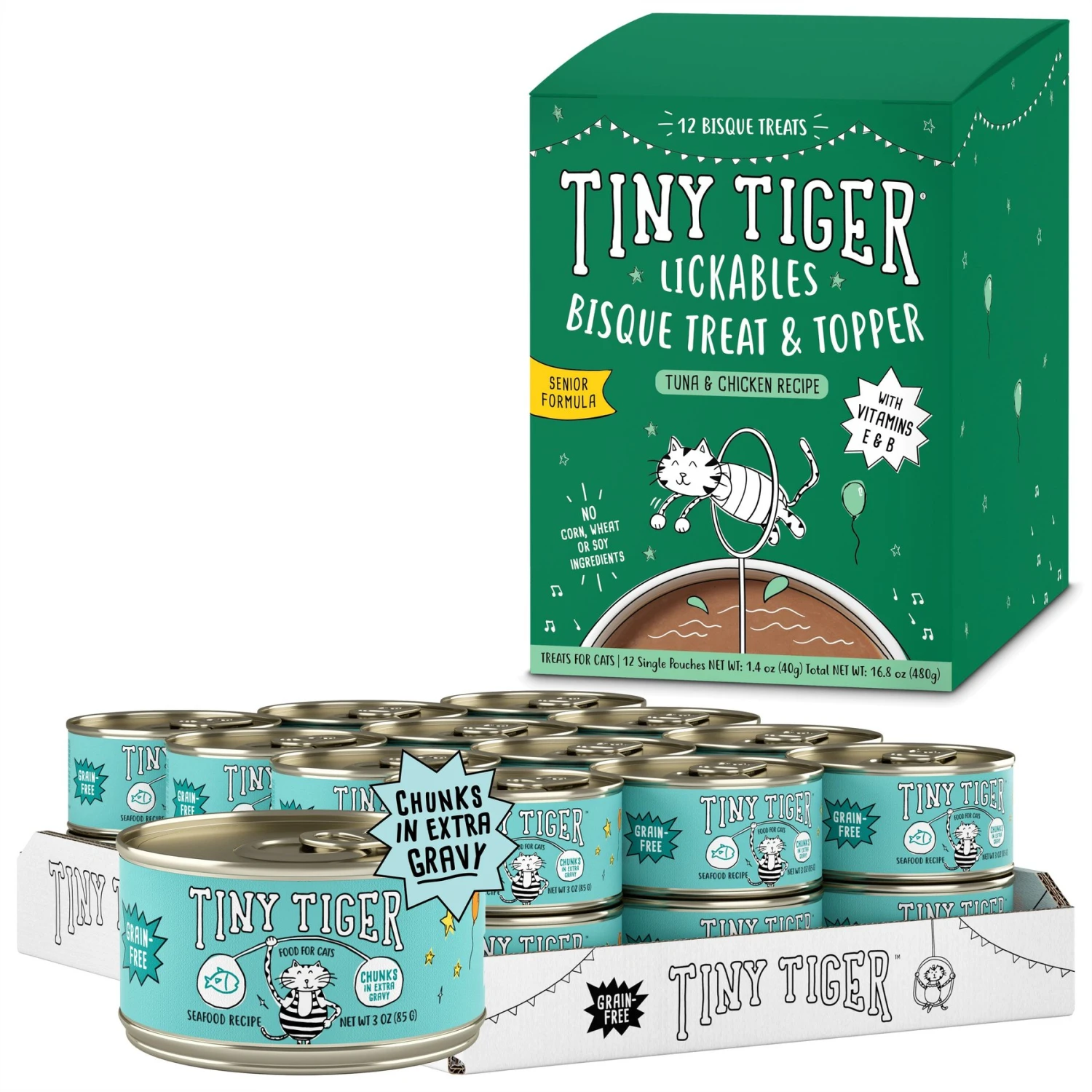 Tiny Tiger Chunks In EXTRA Gravy Seafood Recipe Grain-Free Canned Cat Food & Tiny Tiger Lickables, Senior Formula, Tuna & Chicken Recipe, Bisque Cat Treat & Topper 3 Tiny Tiger Chunks In EXTRA Gravy Seafood Recipe Grain-Free Canned Cat Food & Tiny Tiger Lickables, Senior Formula, Tuna & Chicken Recipe, Bisque Cat Treat & Topper