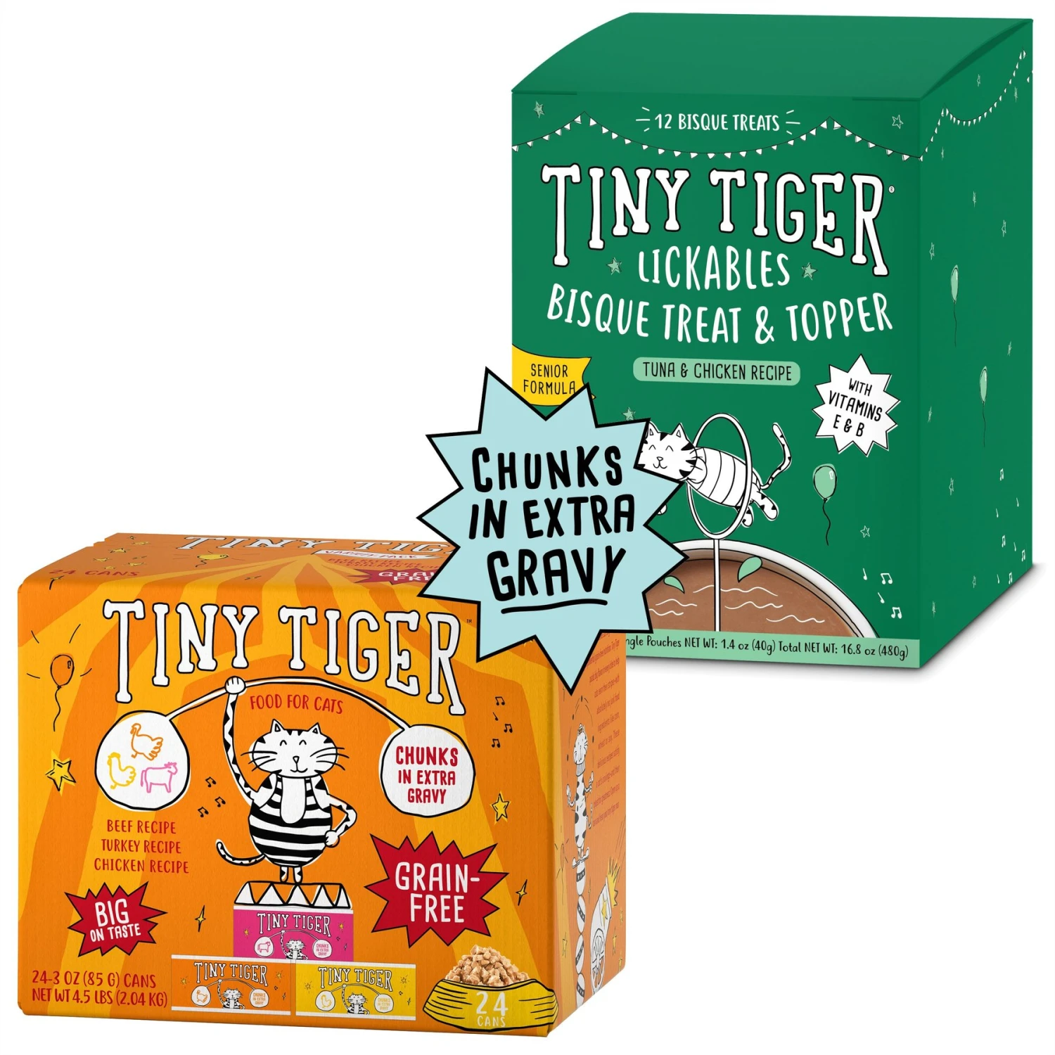 Tiny Tiger Chunks In EXTRA Gravy Beef & Poultry Recipes Variety Pack Grain-Free Canned Cat Food & Tiny Tiger Lickables, Senior Formula, Tuna & Chicken Recipe, Bisque Cat Treat & Topper 3 Tiny Tiger Chunks In EXTRA Gravy Beef & Poultry Recipes Variety Pack Grain-Free Canned Cat Food & Tiny Tiger Lickables, Senior Formula, Tuna & Chicken Recipe, Bisque Cat Treat & Topper