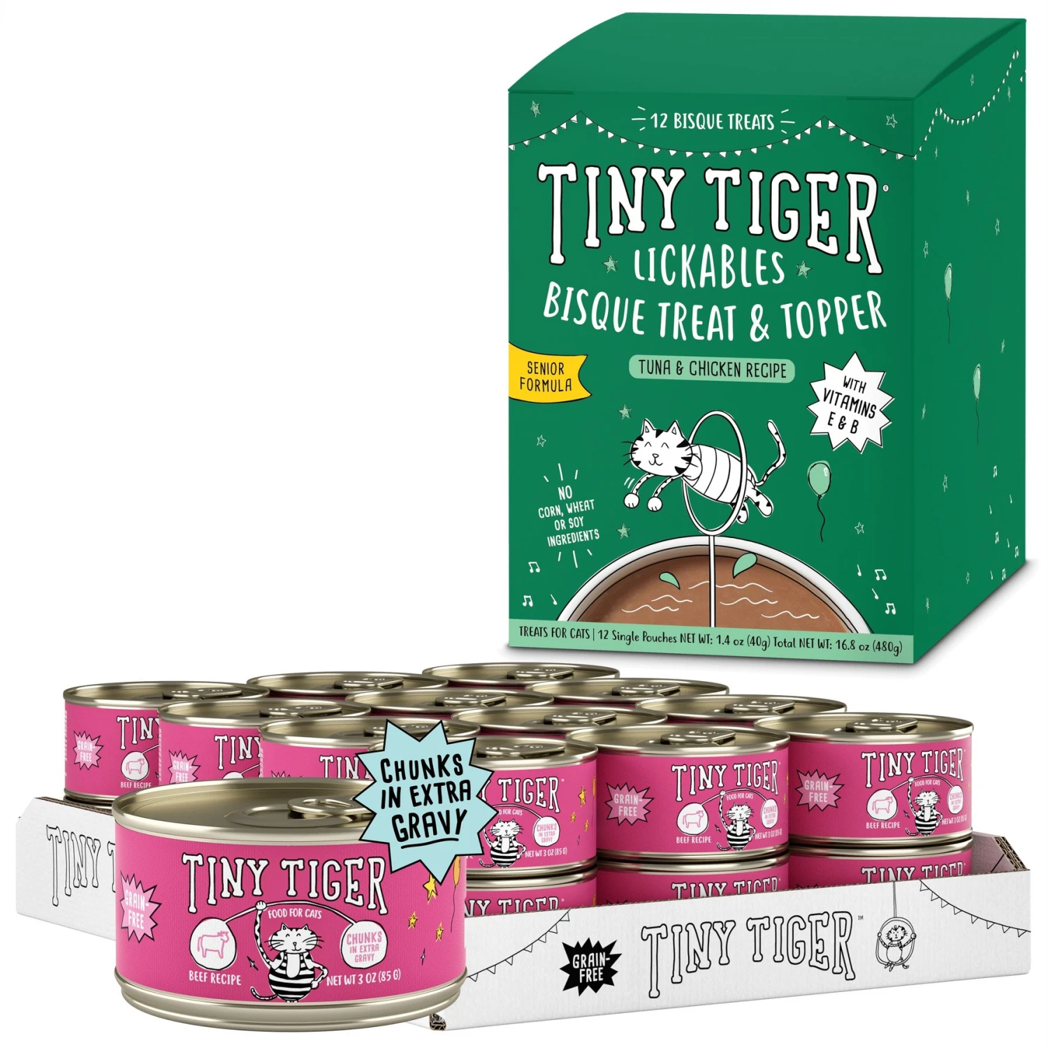 Tiny Tiger Chunks In EXTRA Gravy Beef Recipe Grain-Free Canned Cat Food & Tiny Tiger Lickables, Senior Formula, Tuna & Chicken Recipe, Bisque Cat Treat & Topper 3 Tiny Tiger Chunks In EXTRA Gravy Beef Recipe Grain-Free Canned Cat Food & Tiny Tiger Lickables, Senior Formula, Tuna & Chicken Recipe, Bisque Cat Treat & Topper
