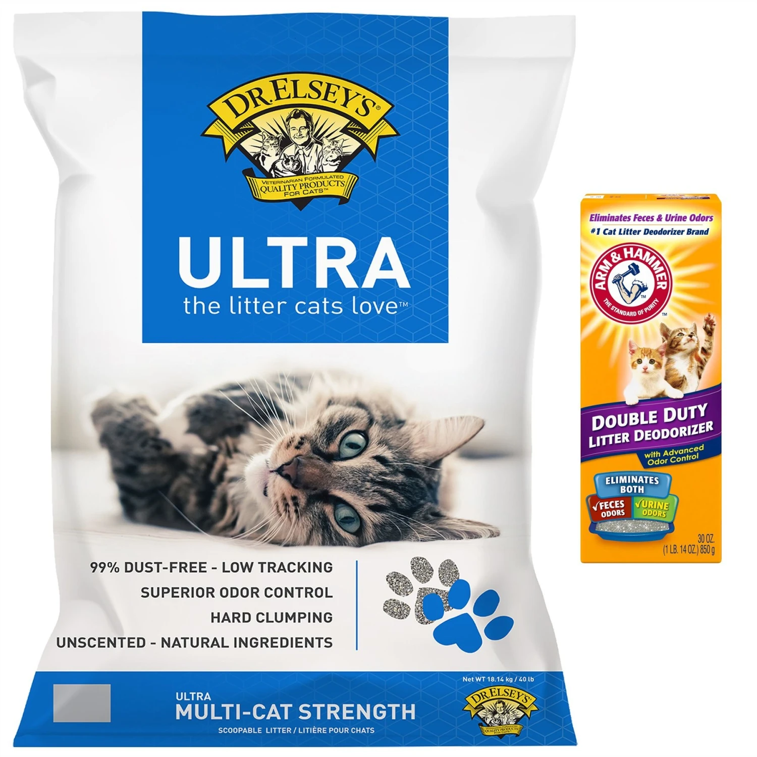 Dr. Elsey's Ultra Unscented Clumping Clay Cat Litter & Arm & Hammer Litter Baking Soda Double Duty Cat Litter Deodorizer 3 Dr. Elsey's Ultra Unscented Clumping Clay Cat Litter & Arm & Hammer Litter Baking Soda Double Duty Cat Litter Deodorizer
