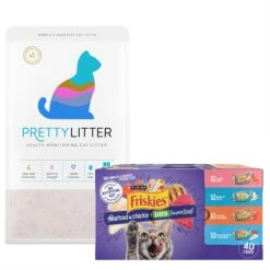 Purina Friskies Seafood & Chicken Pate Favorites Variety Pack Wet Cat Food, 5.5-oz Can, Case Of 40 & PrettyLitter Health Monitoring Cat Litter