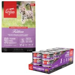 ORIJEN Kitten Recipe Chicken + Salmon Entree In Bone Broth Wet Cat Food & ORIJEN Free Run Chicken & Turkey, & Wild Caught Salmon & Herring Grain-Free Dry Kitten Food, 4-lb Bag