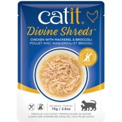 Catit Divine Shreds Chicken With Mackerel & Broccoli Cat Topping, 2.65-oz Bag