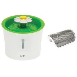 Catit Flower Plastic Cat Fountain & Catit Senses 2.0 Self Groomer Cat Brush