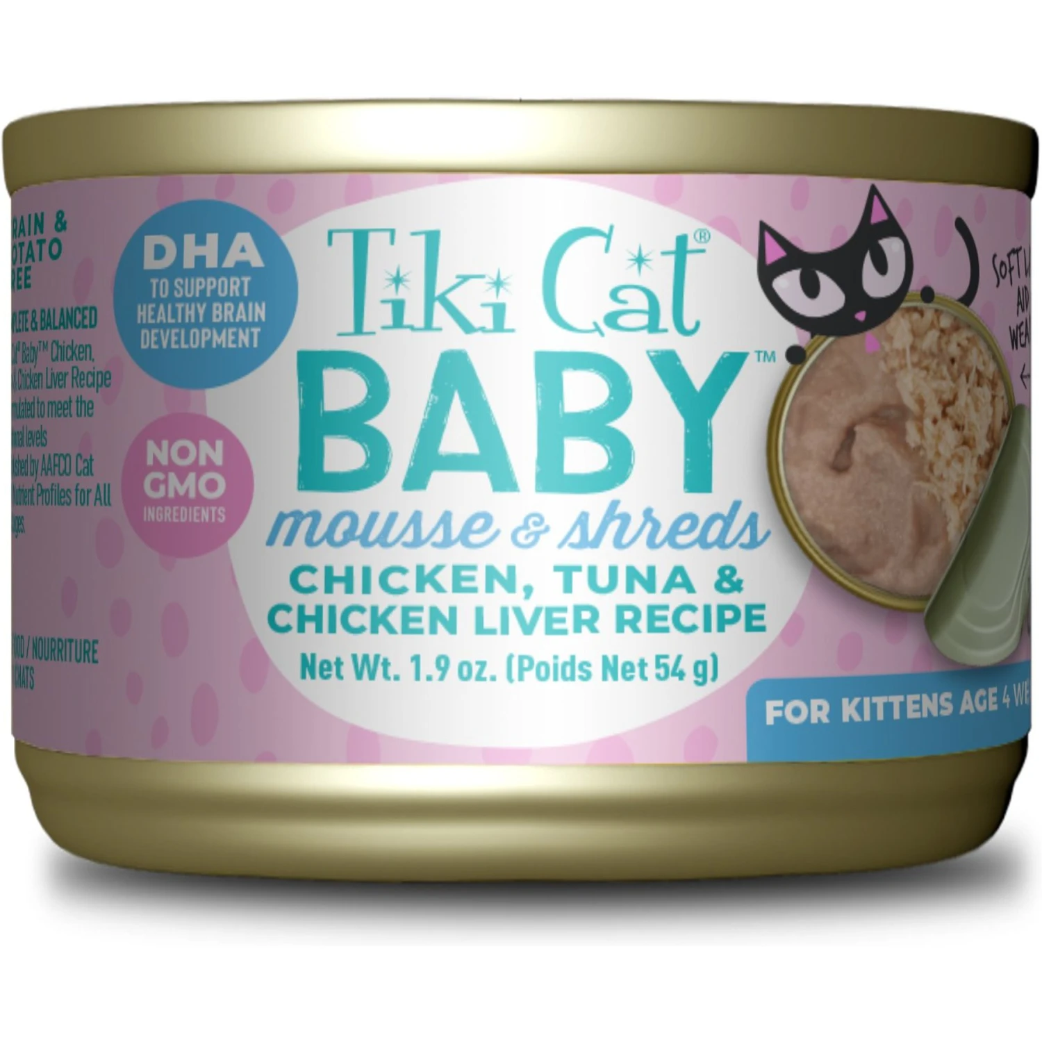 Tiki Cat Baby Chicken, Tuna, & Chicken Liver Mousse & Shreds Grain-Free Wet Cat Food, 1.9-oz Can, Case Of 3 3 Tiki Cat Baby Chicken, Tuna, & Chicken Liver Mousse & Shreds Grain-Free Wet Cat Food, 1.9-oz Can, Case Of 3